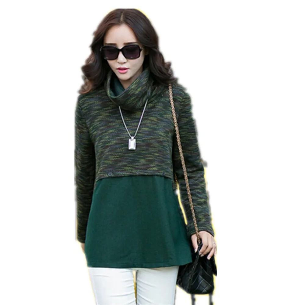 Large Size M-XXL 2015 Women's Autumn New Fashion Turtleneck Long Sleeves Patchwork Shirts Elegant Style female loose Pullovers