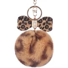 Leopard Bow Crystal Hairball Pendant Diamond Bow Leopard Pom Pom Keychain