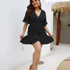 KEYIDI OEM Plus Size XL-4XL Women Chiffon Dot Dress Summer V-Neck Short Sleeve Dress Female Pullover Skirt