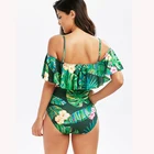 Sexy Dark Green Floral Leaf Print Ruffle Swimsuit One Piece Women Swimwear