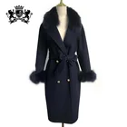 Winter Women Double Breasted Real Fox Fur Collar Wool Trench Coat with Belt