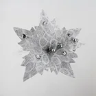 White Fabric rhinestone Xmas flowers stem with hanging sliver bead wire for Christmas tree decor wholesale#55268