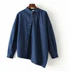 Blue color o neck long sleeve asymmetrical design blouse jeans women special streetwear denim shirt