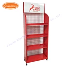 Red color lubricants display metal wire mesh floor standing moto oil metal display rack with wheels