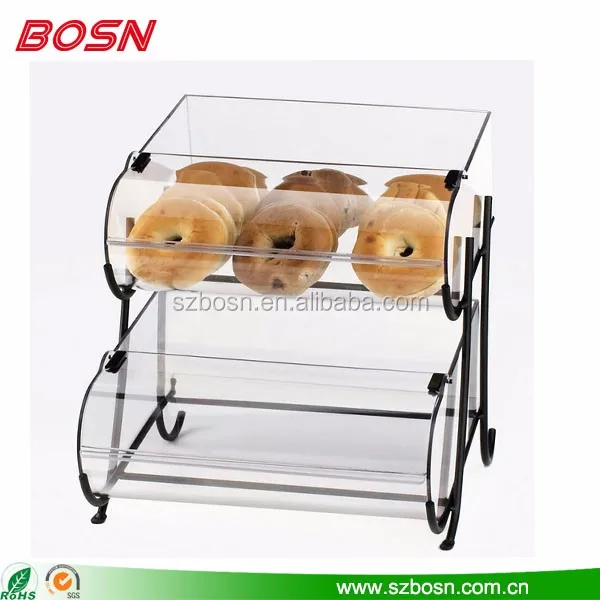 Clear Tow Tiers Acrylic Bread Display Case Stainless Steel Stand Rack