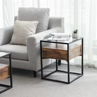 VASAGLE Living Room Industrial Side Table, Bedside Table,Tempered Glass End Table with Drawer and Rustic Shelf