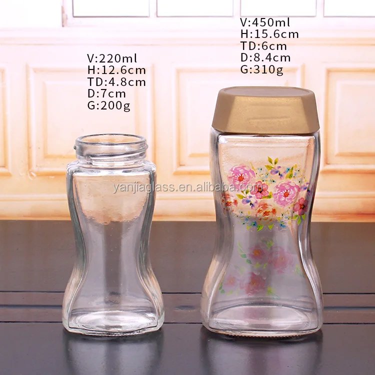Unique 450ml 220ml glass coffee bottle ground coffee jars with plastic cap