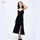 Top Selling Elegant Woman 100% Polyester V Neck Slip Long Black Velvet Maxi Dress
