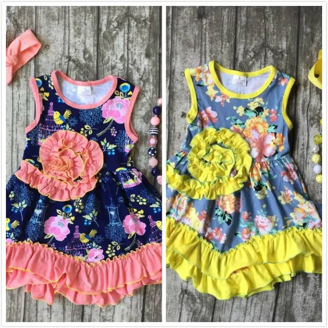 baby girls clothes kids wear summer coral yellow floral princess ruffles dress cotton match accessories boutique sleeveless