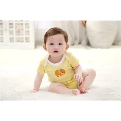 Pastel Yellow Baby One Piece Clothes Pretty O Neck Infant Rompers Short Sleeve Design Elephant Pattern Design Hot Sale 031-30752
