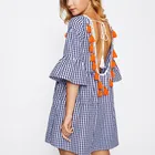 High quality summer casual women backless gingham boho dress with tassel tied