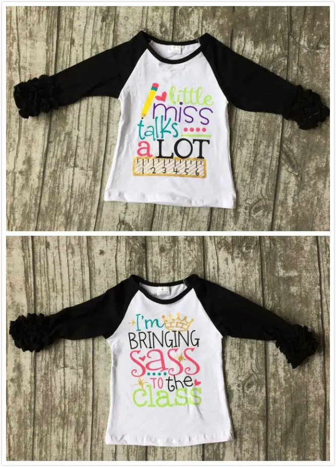 baby girls three quarter icing boutique raglans white black top shirts pencil Ruler crown children clothes back to school cotton