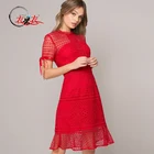 New Arrival Lace Evening Dress Short Sleeve All Over Crochet Bodycon Red Lace Cocktail Dress