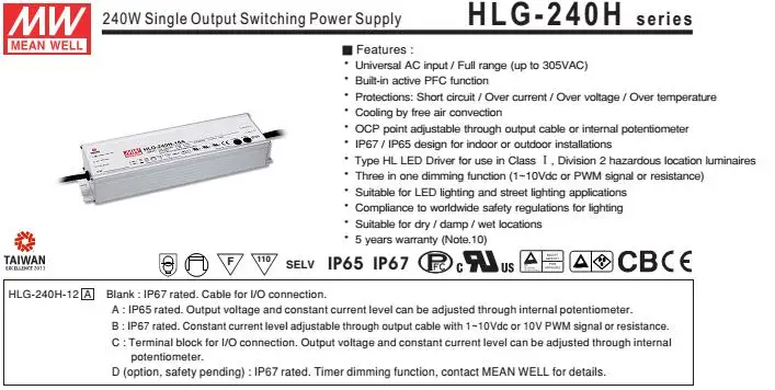 Original MEANWELL HLG-240H-48 LED Power Supply