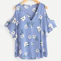 Wholesale Fashionable V-Neck Vertical Striped Floral Printed Open Shoulder Blouse For Women