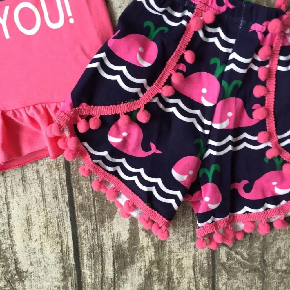 baby girls shorts sets boutique outfit cute hot pink I whale love you summer cotton chevron clothes macth with necklace and bow