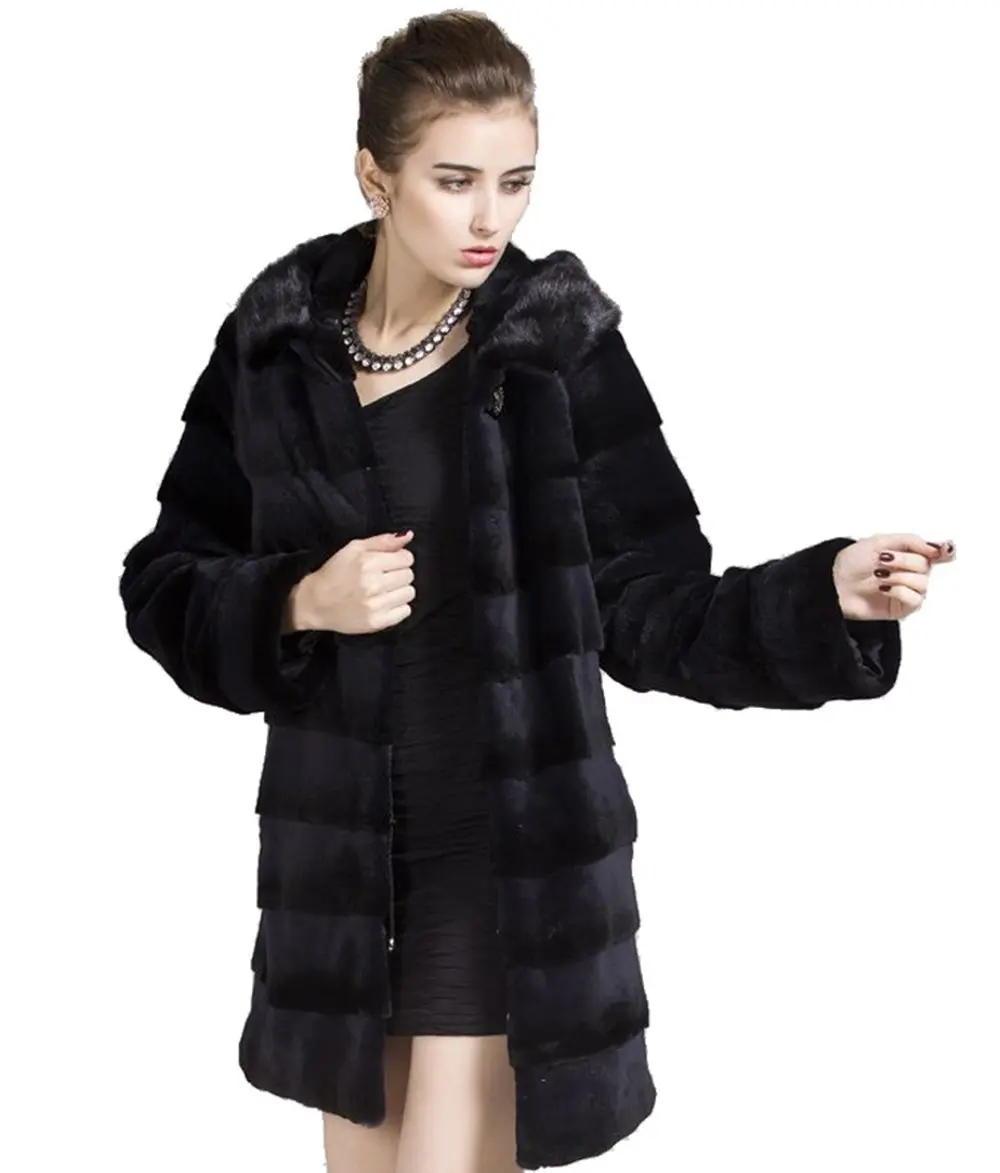 Qiudu Women's Genuine Whole-hide Rex Rabbit Fur Coat Parka With Mink Hoodi