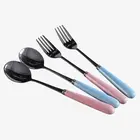 4 PCS Tableware Stainless steel Dinnerware Ceramic handle Dinner Set,Coffee Spoon,Fork. for children