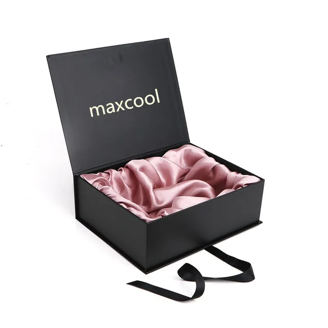 elegant logo printing black gift silk satin cloth wig packaging