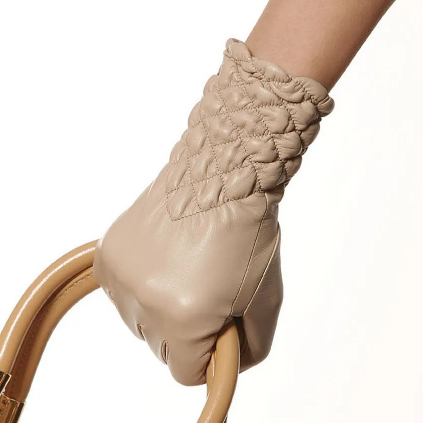 Purple Women Genuine Leather Gloves Five Finger Goatskin Leather Gloves Warm Winter Driving Gloves