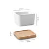 3.54 Inch White Ceramic Contemporary Square Design Succulent Plant Pot/Cactus Plant Pot with Bamboo Tray - Pack of 3