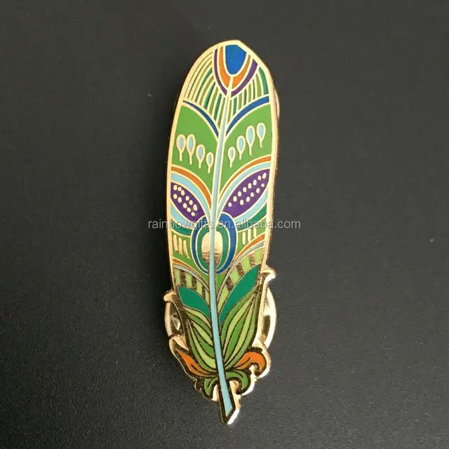 cloisonne pin, feather shape immitation enamel metal pin with