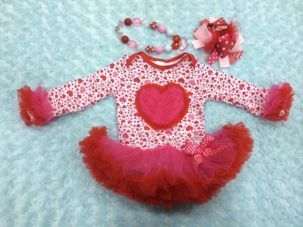 2015 new baby girls valentine cotton rompers with tutu and matching necklace and bow set