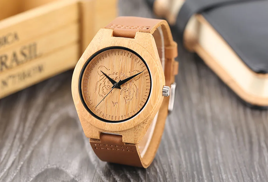 High Quality Men's Handmade Natural Wooden Watch Tiger Pattern Brown Genuine Leather Strap Quartz Wristwatch Male Sports (13)