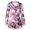 New Arrivals Autumn Fashion Women Sexy Turn Down Collar V-Neck Floral Print With Belt Satin Shirt Blouse Dress