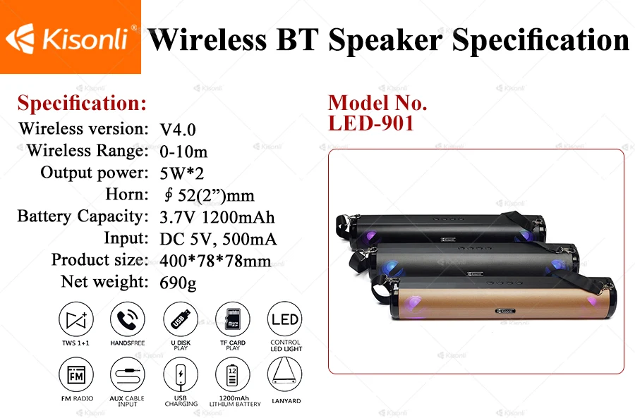 Kisonli Newest Model Outdoor Active LED Wireless Two-way 1200mAh TWS 1+1 Speaker - ANKUX.COM