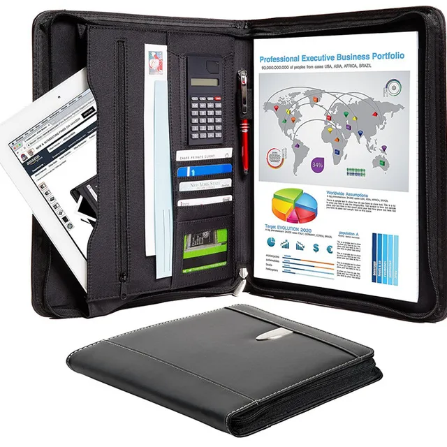 Cheap Leather Zipper Closure Business Portfolio Multifunction Padfolio Case with Notepad