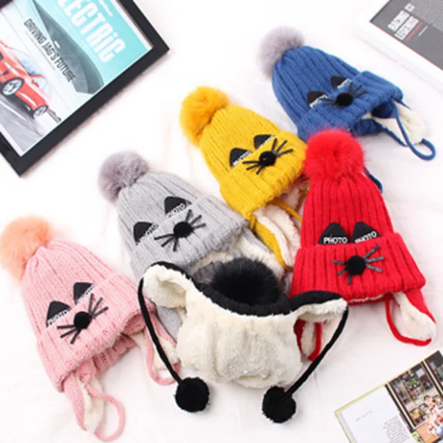 winter protective ear embroidery letters cat cartoon knitted hat