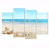 4 Panel Blue Sea Beach Shell Oil Painting Print on Canvas Giclee Artwork for Modern Living Room Home Wall Decoration