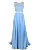 Elegant full-length light blue lace top chiffon a-line prom dresses with small train
