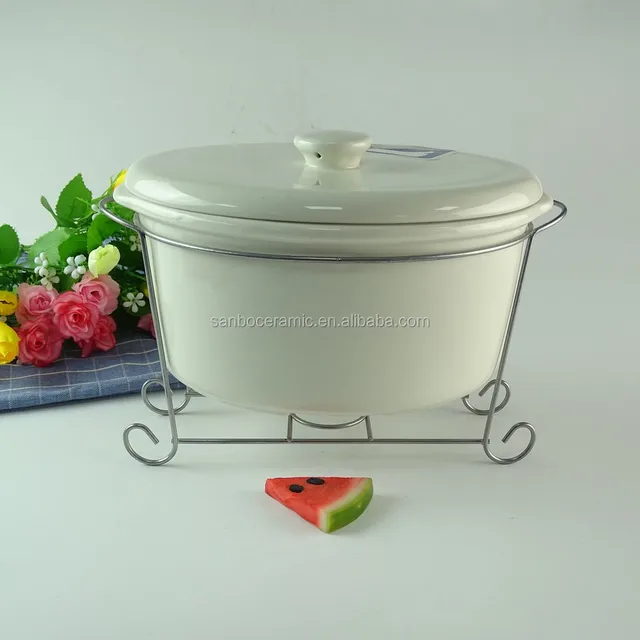 ceramic soup tureen with lid , ceramic stew pot with iron stand