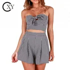 Wholesale Women New Fashion Lovely Bowknot Crop Top Gingham 2 piece Shorts Sets