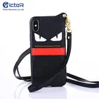 Cute Monster Credit Card Slot Necklace Leather Mobile Phone Case for iPhone XS