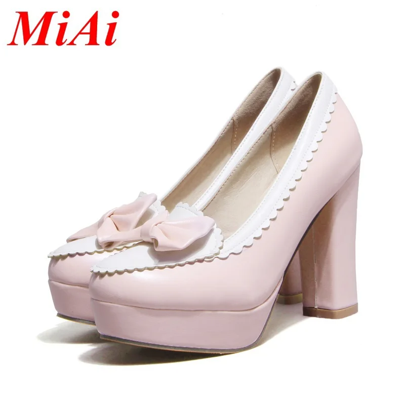 new fashion women pumps sweet round toe bow tie wedding shoes ladies high heel shoes big size 34-43 black pink party shoes woman