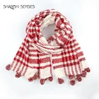 Ladies Plaid Boucle Pom Blanket Wrap Scarf Pashmina Shawls