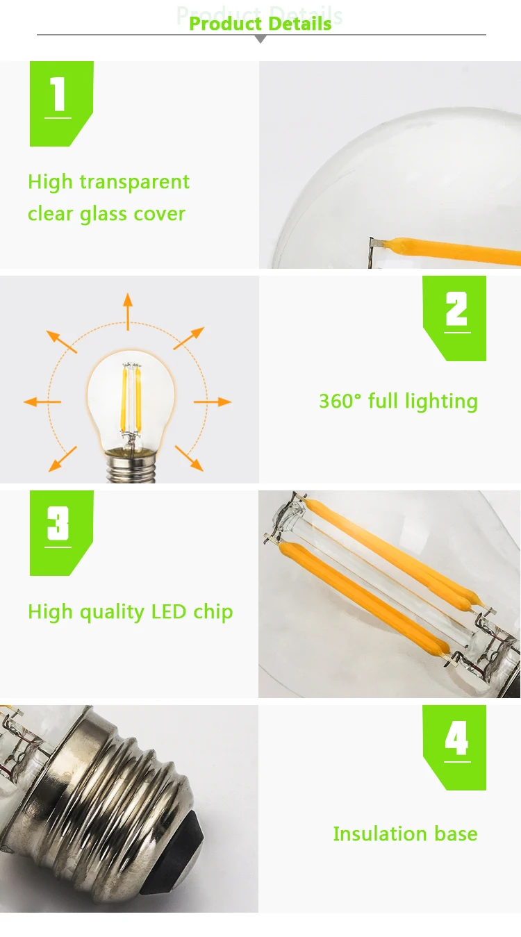New Led filament bulb 4W Base E27 IP44 G45 LED Bulb