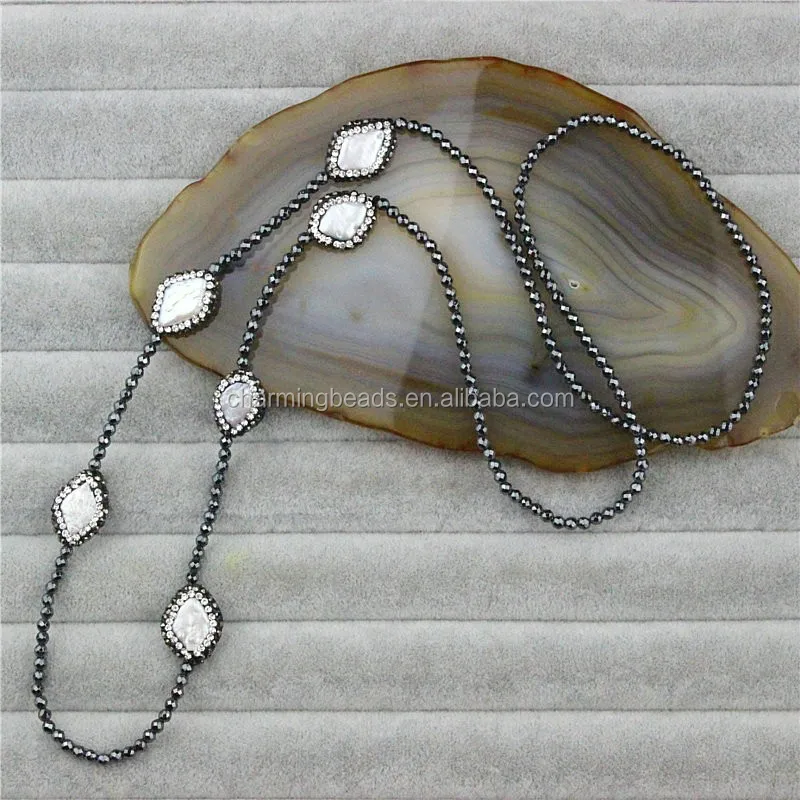 CH-JBN0129 handmade hematite bead necklace with pendants,fashion frewather pearl pendant necklace,wholesale necklace jewelry
