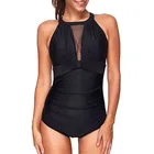 2019 hot sale European American mesh stitching pleated sexy one piece swimsuit bikini women
