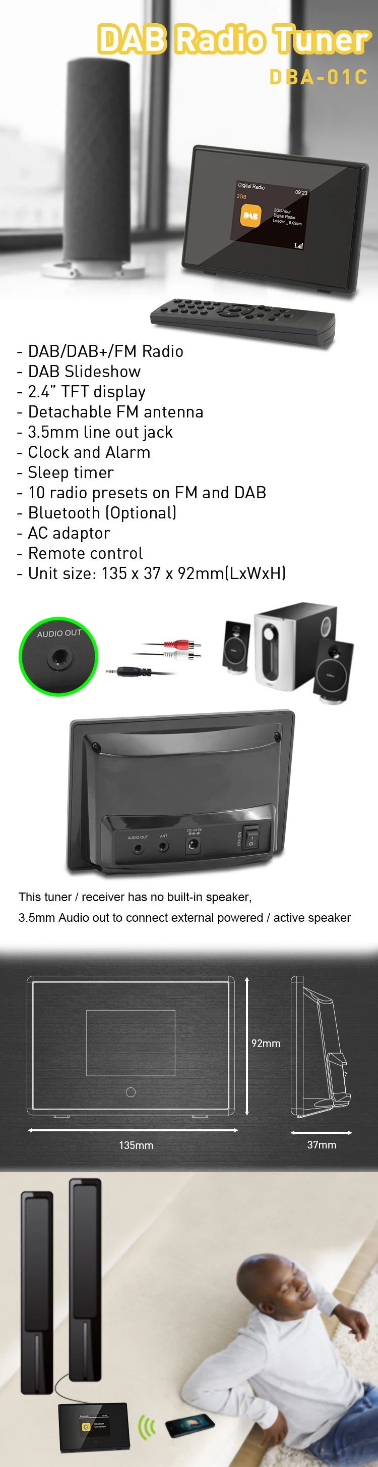 Best Price Color Display Mini Fm Dab Radio Adapter Desktop Home