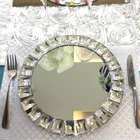 卸売ウェディングイベント食器タイプラウンドシルバークリスタルガラスミラー充電器プレートダイヤモンド石リム