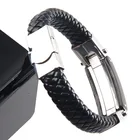 MenJewelry Stainless Steel Black Leather Religious Bracelet With Gold-tone Cross for Men Bangle