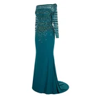 Off-shoulder Striped Shiny Sequins Muslim Dark Green Long Sleeve Evening Dress
