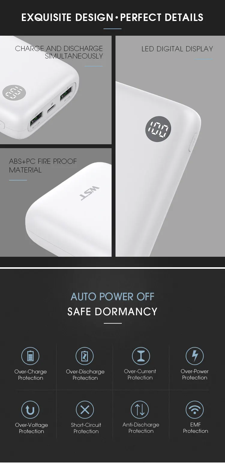 WST ABS Micro USB output input royal sleek 20000 mah portable power bank with digital display screen - ANKUX.COM