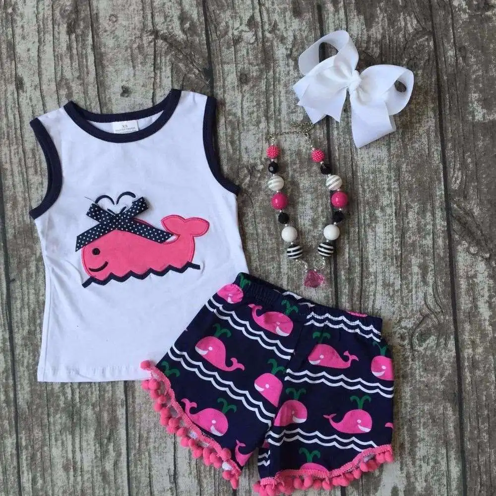 baby girls shorts sets boutique outfit cute hot pink whale summer cotton chevron sleeveless clothes macth with necklace and bow