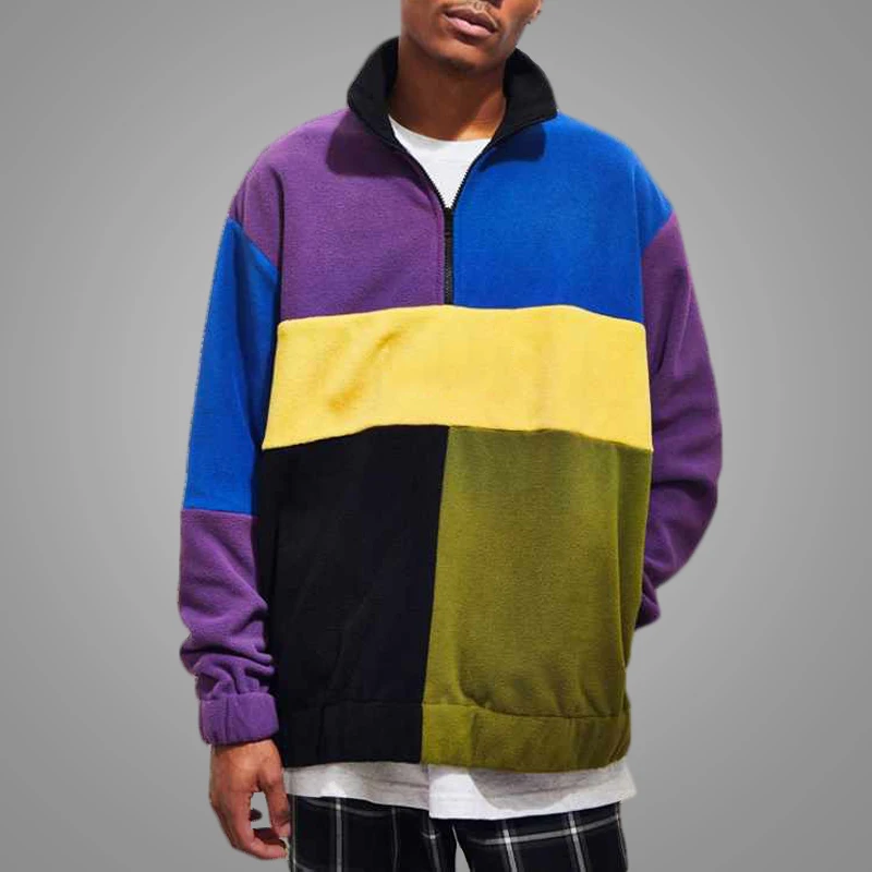 top design color block mens oversized hoodie stand collar half