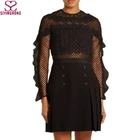 2019 Women Ladies Clothes Black Long Sleeve Lace Top and Plated Dress Set